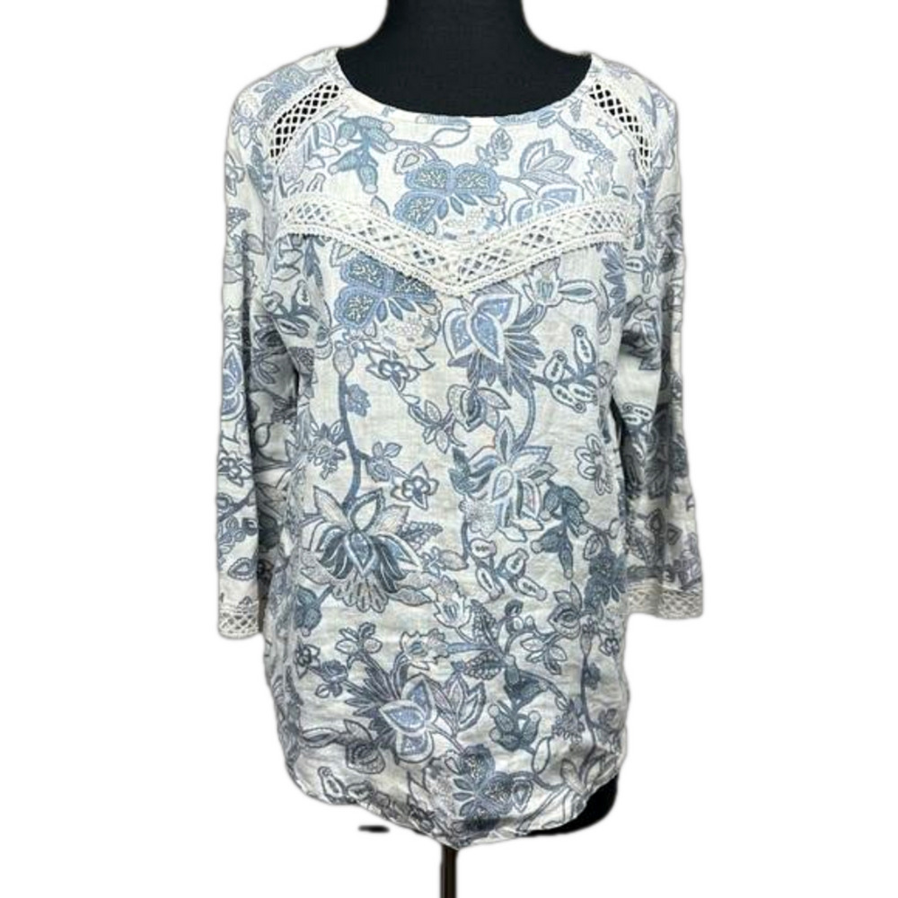 Elena Baldi Linen Crochet Floral Blouse Top Blue White 3/4 Sleeve Lagenlook Sz L